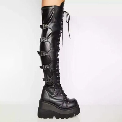 Gothic Lace up Leather Thigh High Black Boots