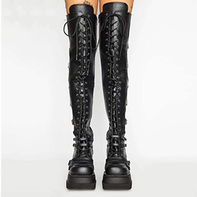 Gothic Lace up Leather Thigh High Black Boots