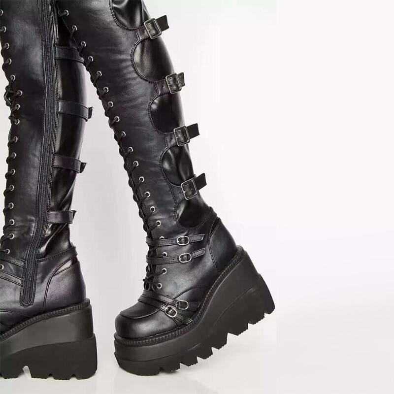 Gothic Lace up Leather Thigh High Black Boots