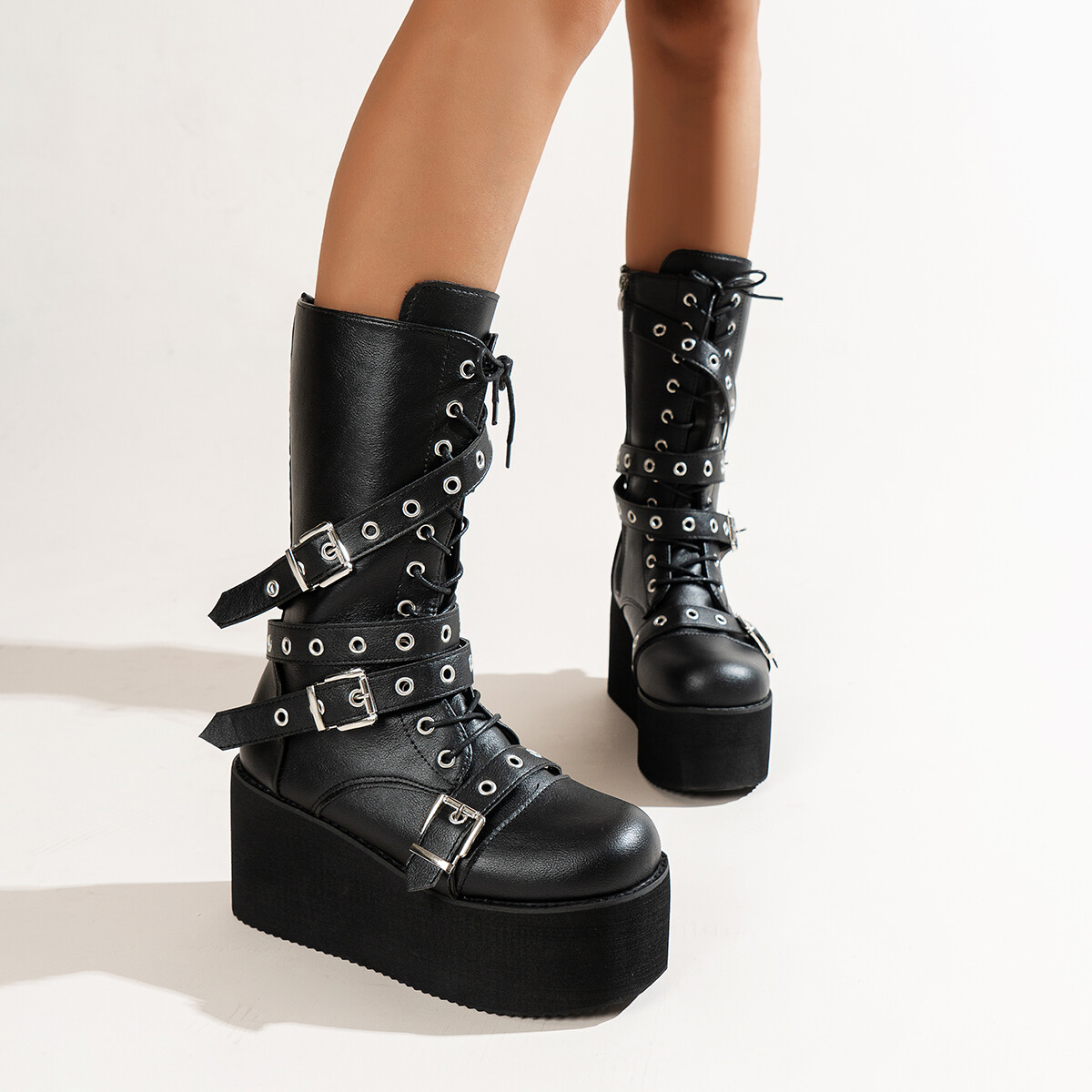 Black Punk Lace Up Buckle Round Toe Wedges Platform Boots