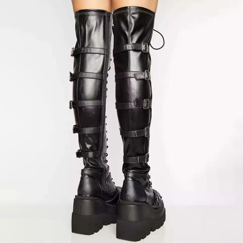 Gothic Lace up Leather Thigh High Black Boots