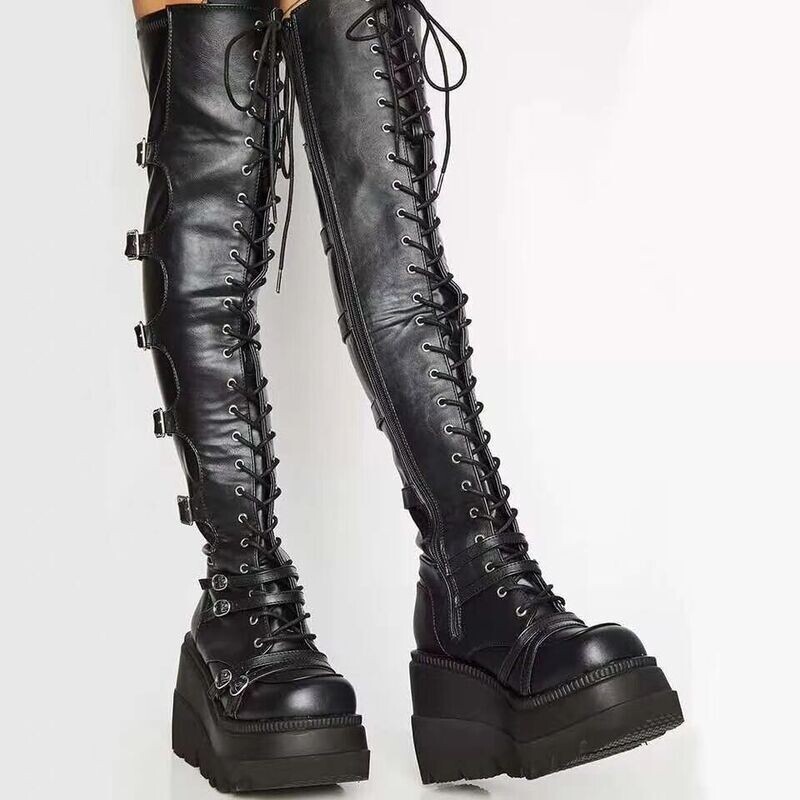 Gothic Lace up Leather Thigh High Black Boots
