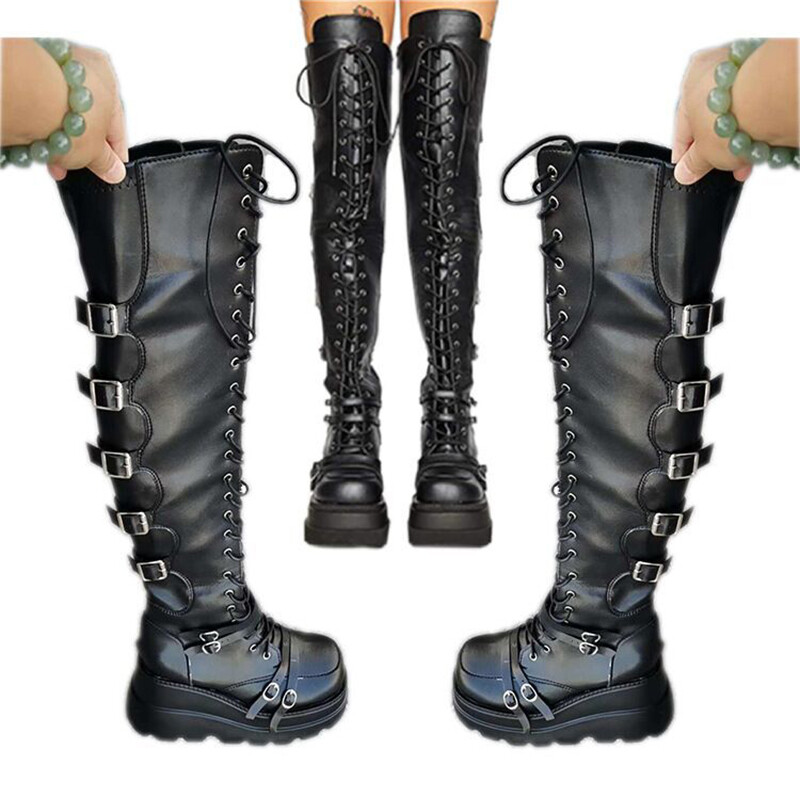 Gothic Lace up Leather Thigh High Black Boots