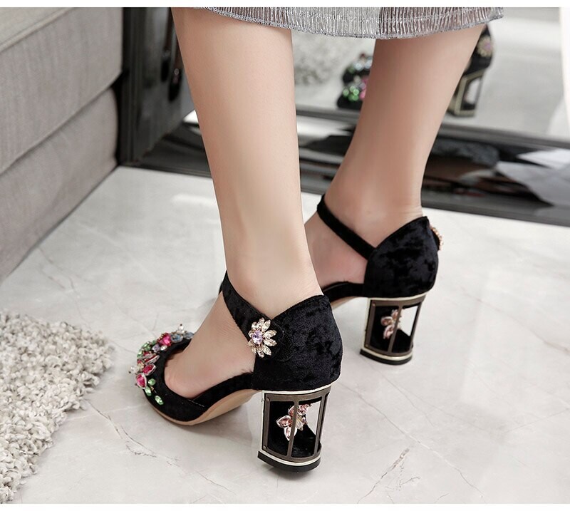 Elegant Victorian Velvet Crystal High Heels Shoes