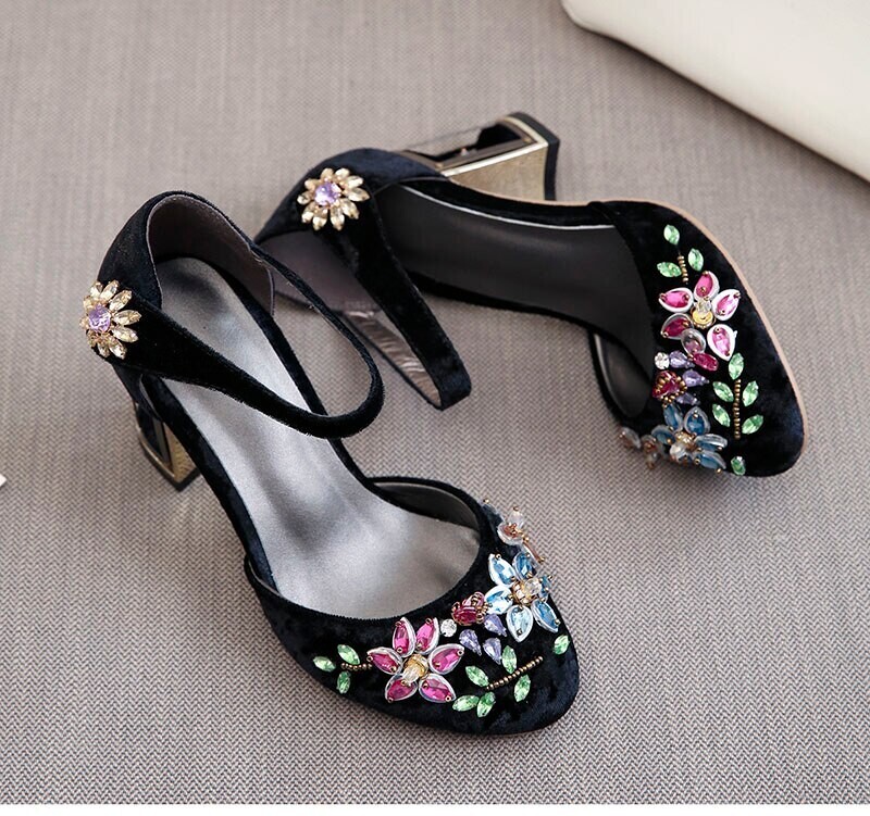 Elegant Victorian Velvet Crystal High Heels Shoes