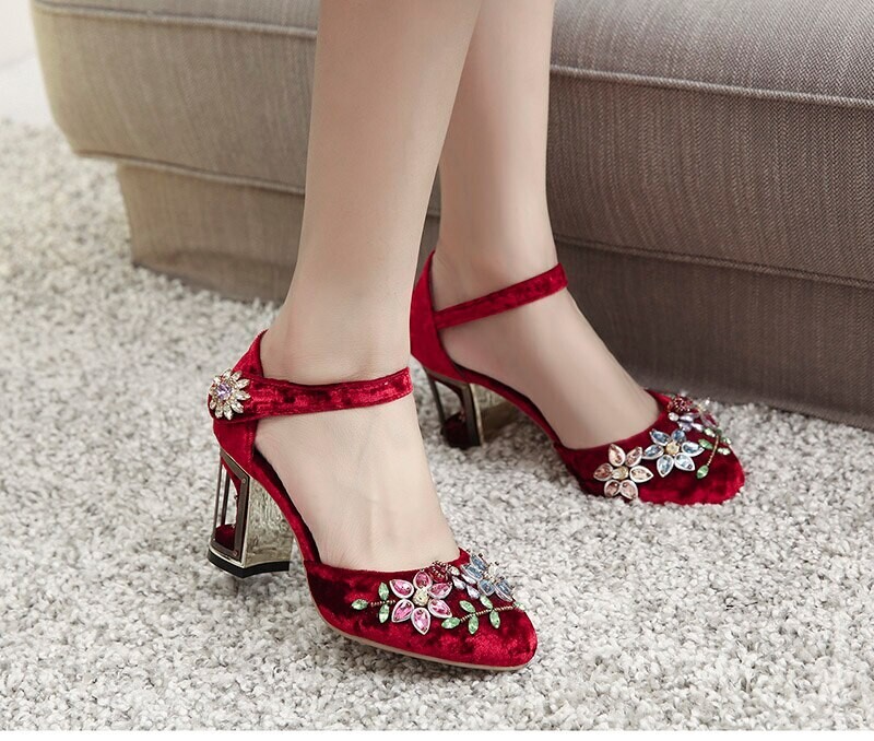 Elegant Victorian Velvet Crystal High Heels Shoes