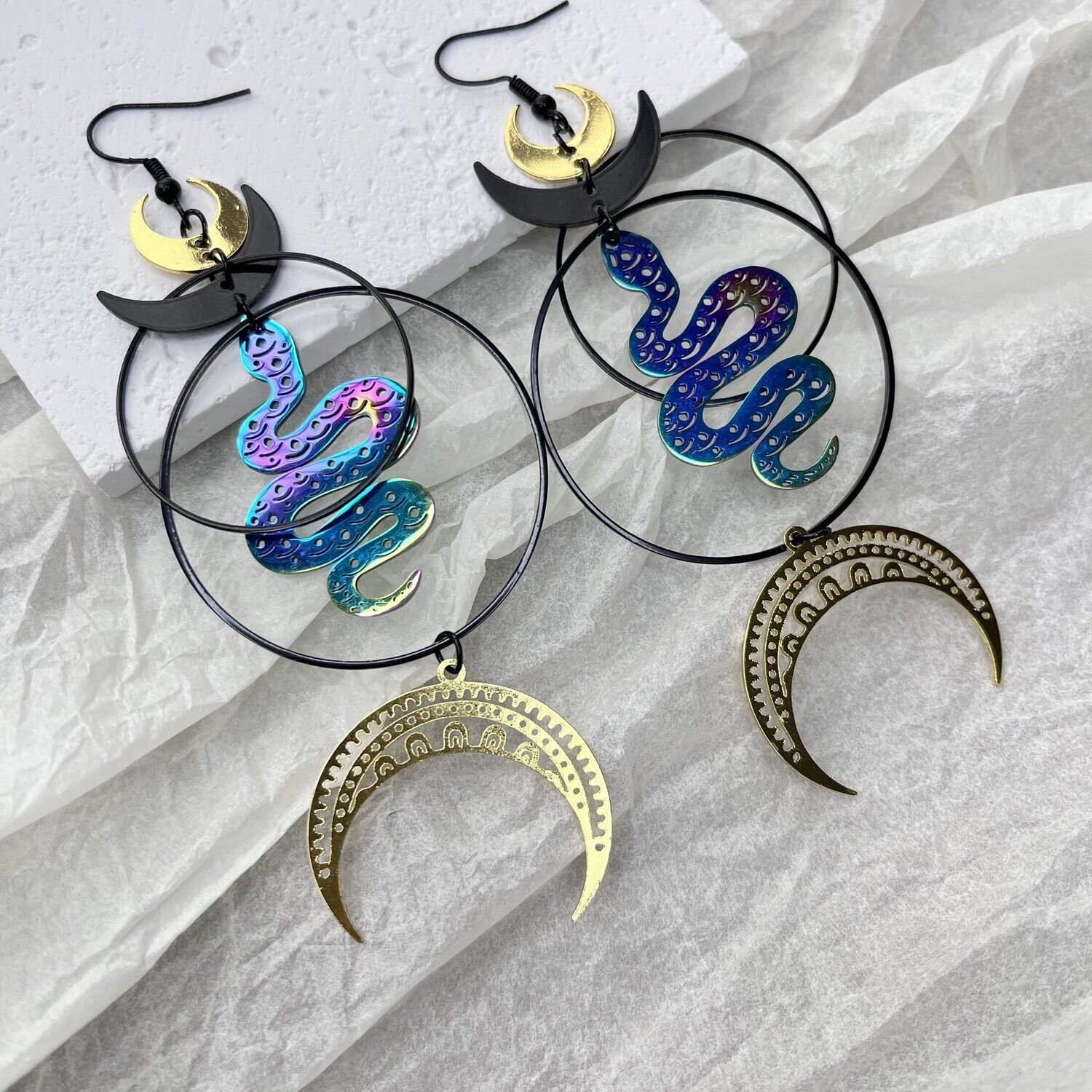 Crescent Moon Snake Witchy Earrings
