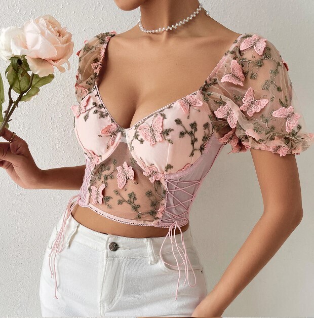 Boho Butterfly lace Embroidery Puff Sleeve Top