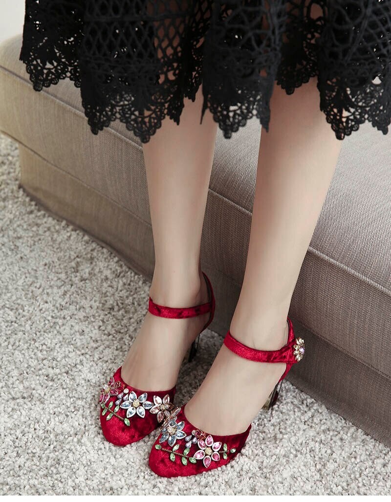 Elegant Victorian Velvet Crystal High Heels Shoes