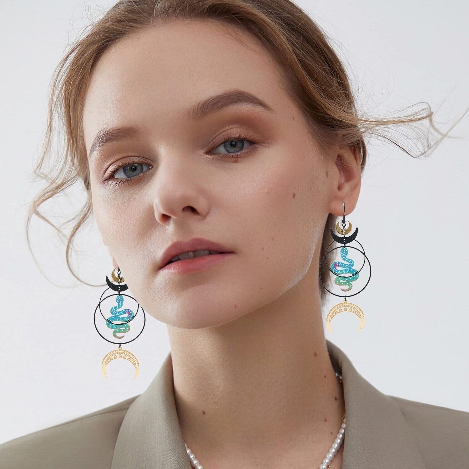 Crescent Moon Snake Witchy Earrings