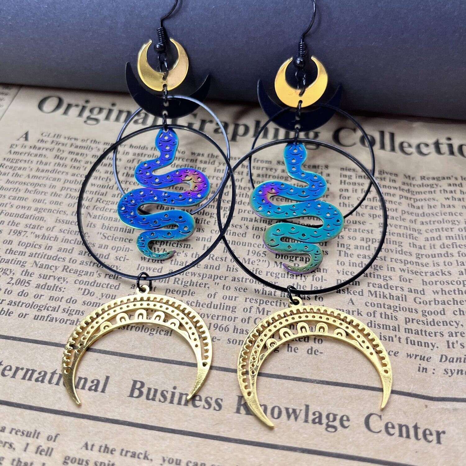Crescent Moon Snake Witchy Earrings