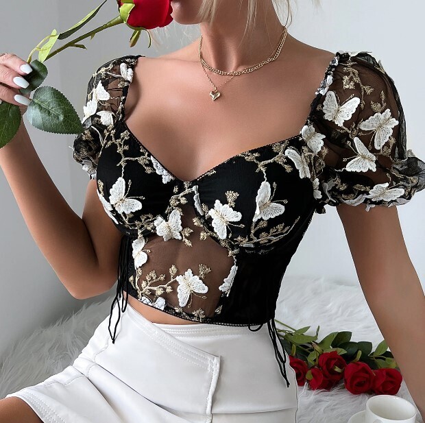 Boho Butterfly lace Embroidery Puff Sleeve Top