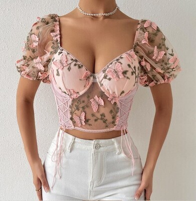 Boho Butterfly lace Embroidery Puff Sleeve Top