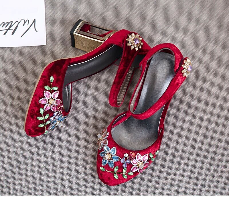 Elegant Victorian Velvet Crystal High Heels Shoes