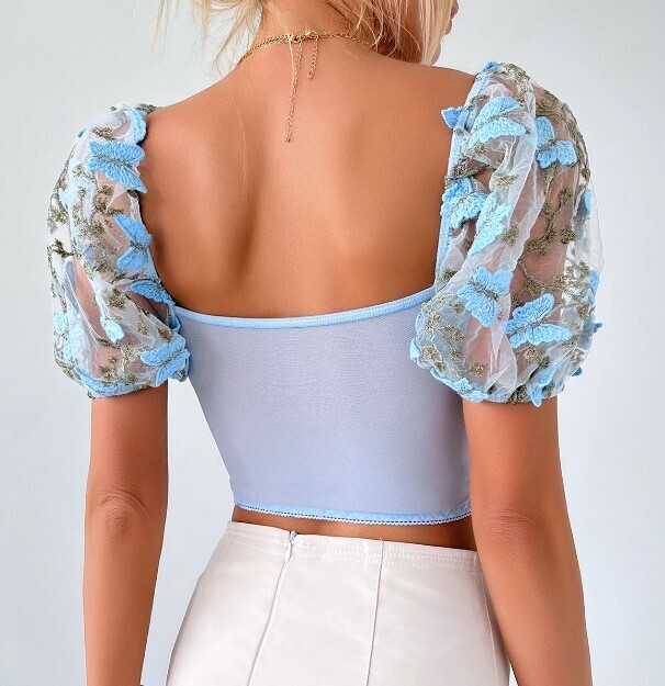 Boho Butterfly lace Embroidery Puff Sleeve Top