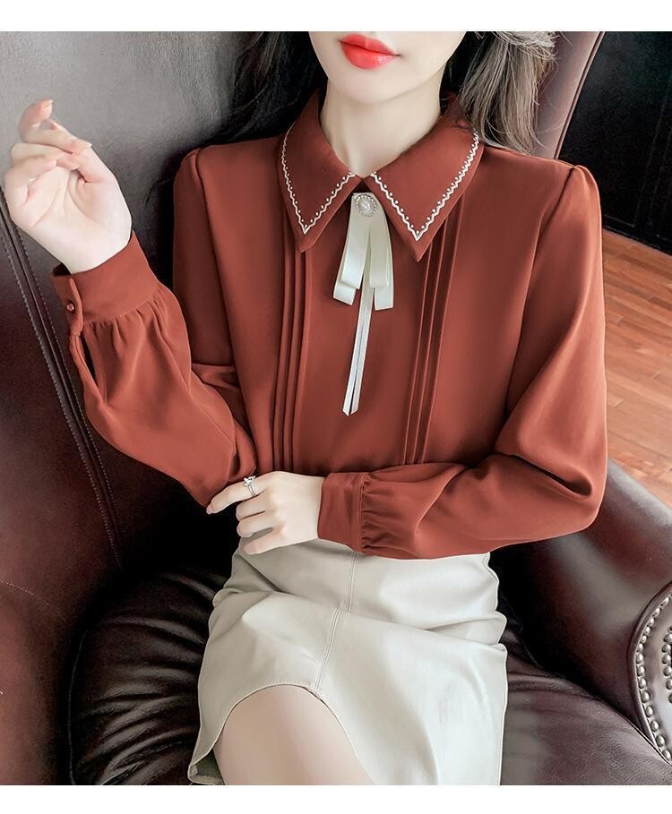 Preppy Style Chiffon Blouse with Bow