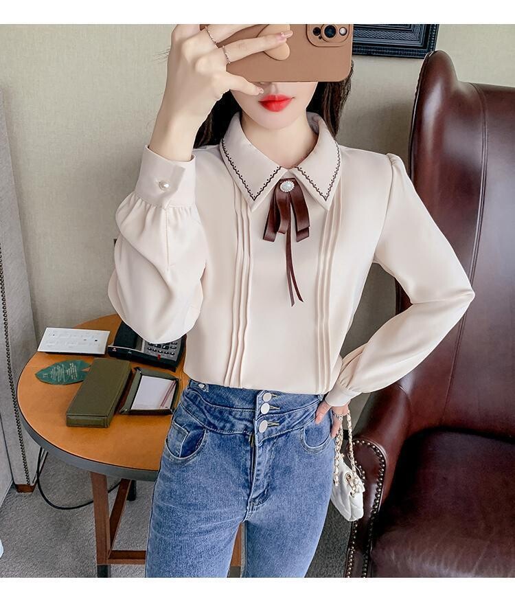 Preppy Style Chiffon Blouse with Bow