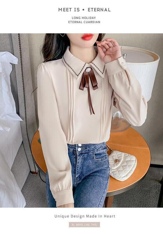 Preppy Style Chiffon Blouse with Bow