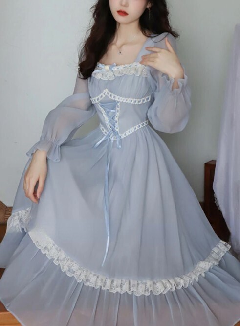 Blue French Vintage Elegant Lace up Dress