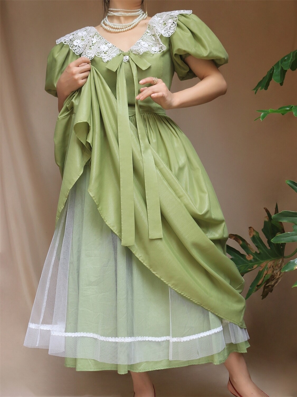 Green Puff Sleeve Elegant Evening Party Dress