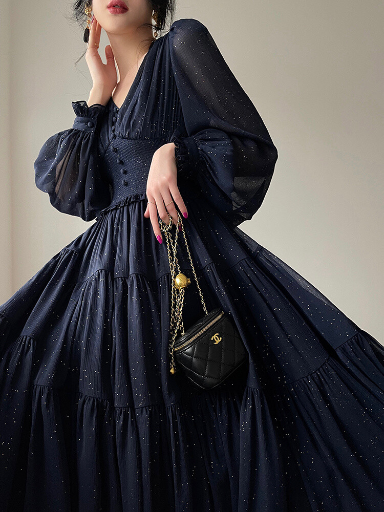 Lantern Sleeve V Neck Vintage Dress