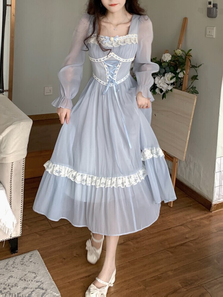 Blue French Vintage Elegant Lace up Dress