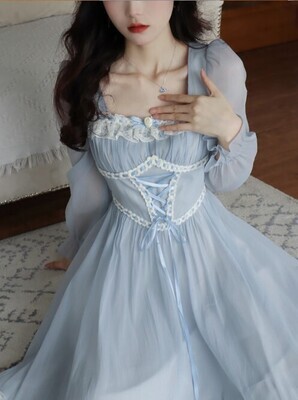 Blue French Vintage Elegant Lace up Dress