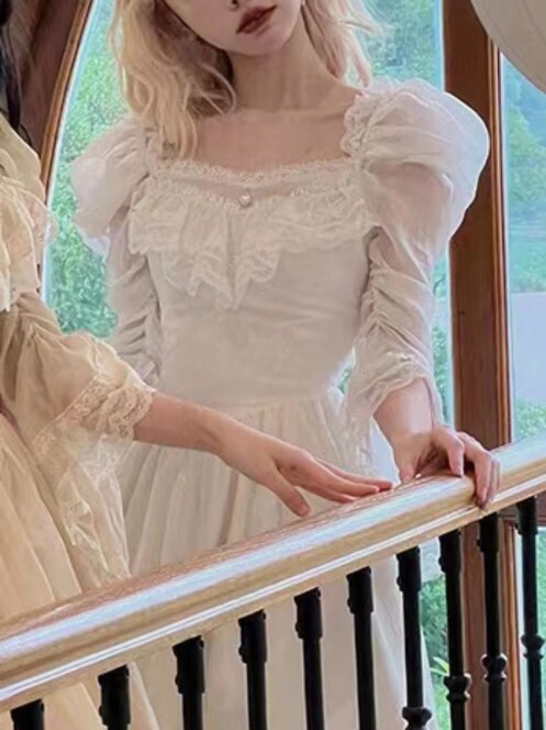 French Style Vintage White Elegant Lace Midi Dress