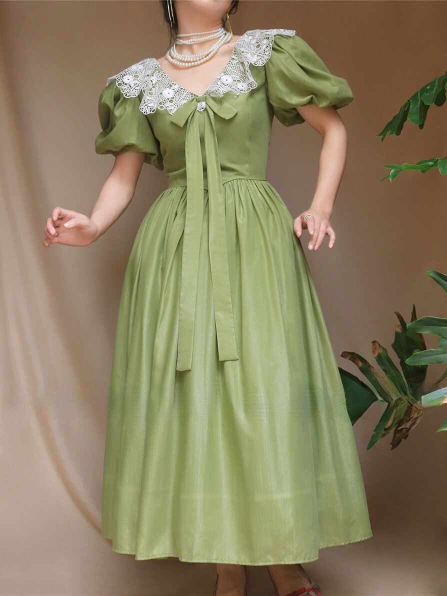 Green Puff Sleeve Elegant Evening Party Dress