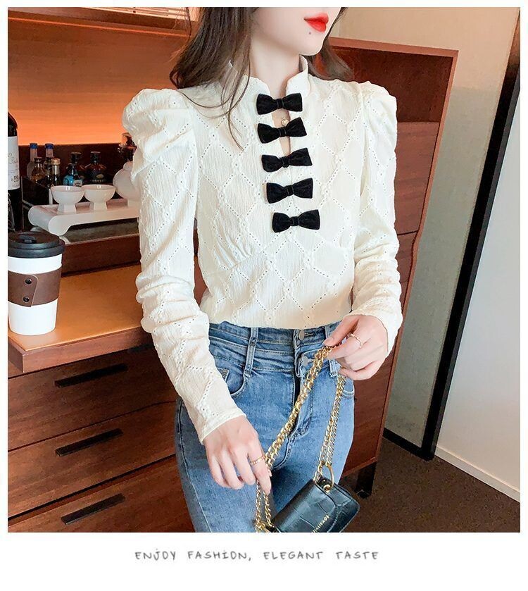 V-neck Bow Knot Puff SLeeve Blouse
