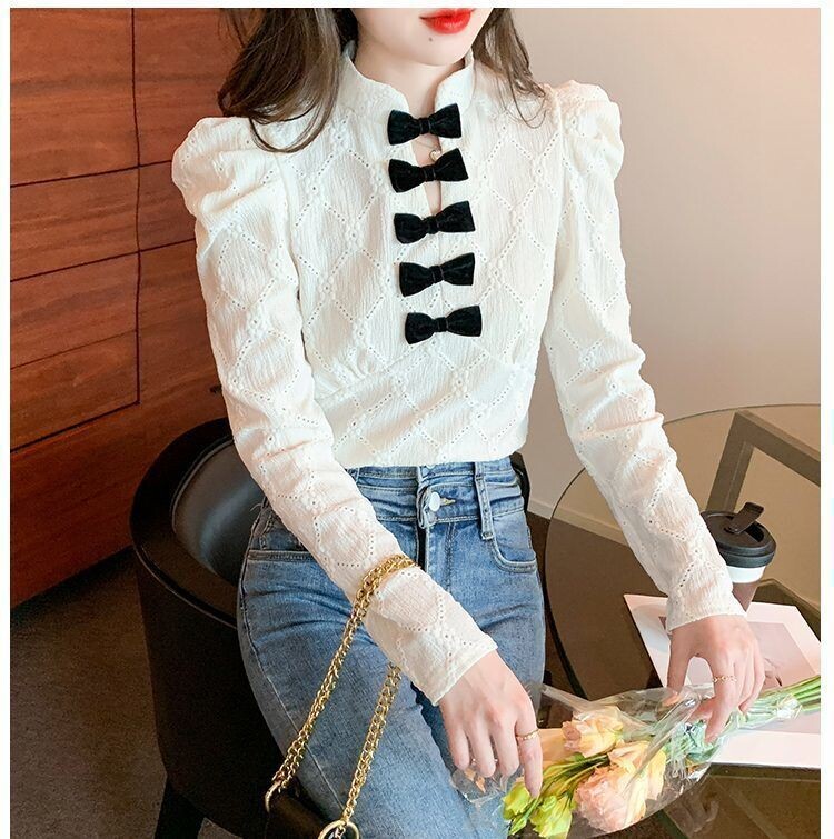 V-neck Bow Knot Puff SLeeve Blouse