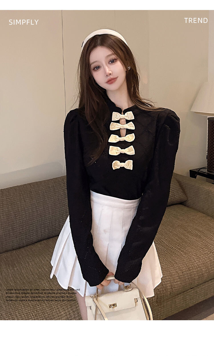 V-neck Bow Knot Puff SLeeve Blouse