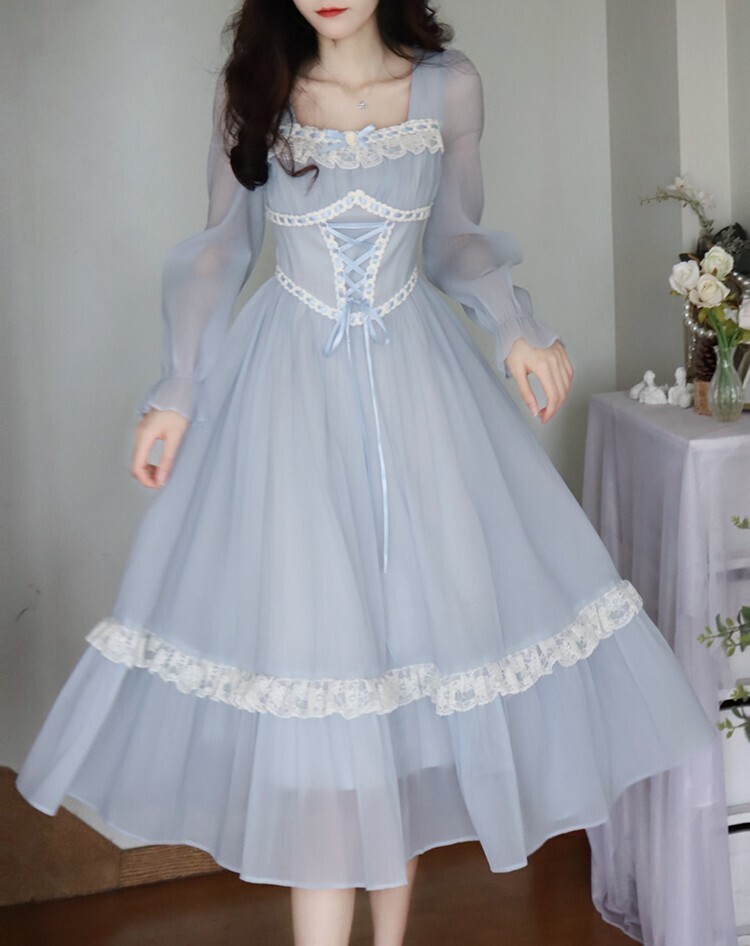 Blue French Vintage Elegant Lace up Dress