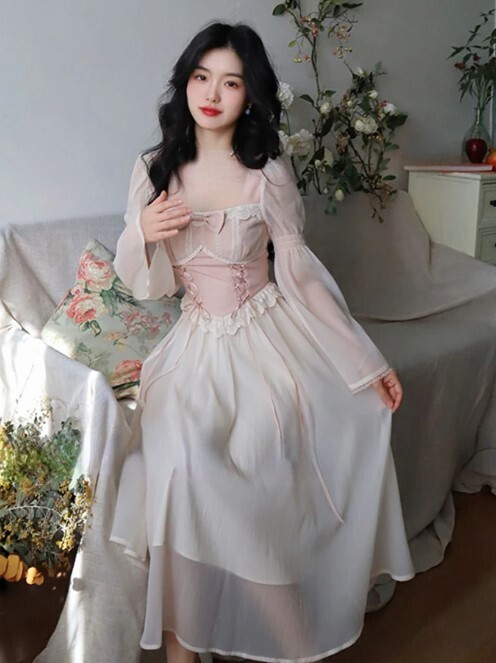 Chiffon Lace French Vintage Style Elegant Dress