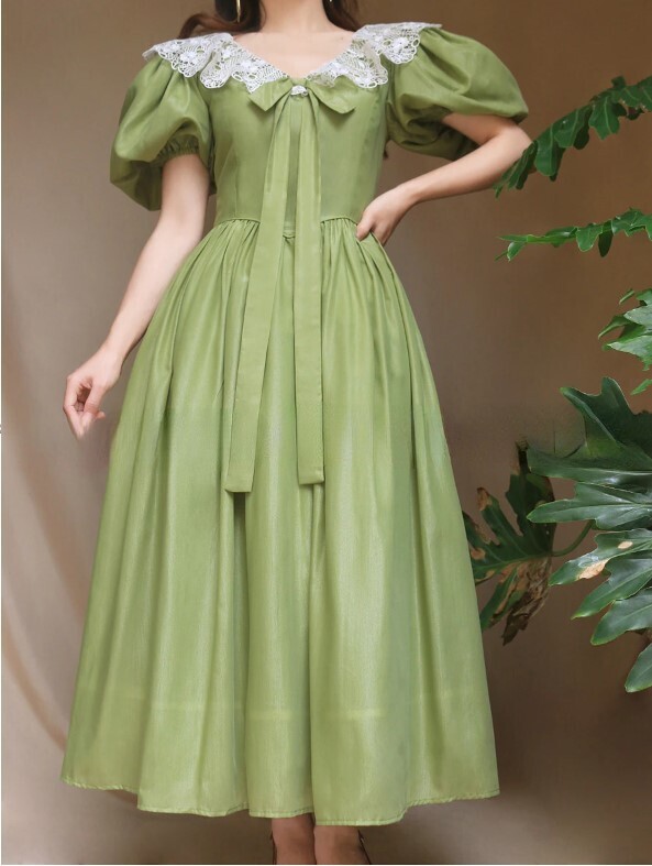 Green Puff Sleeve Elegant Evening Party Dress
