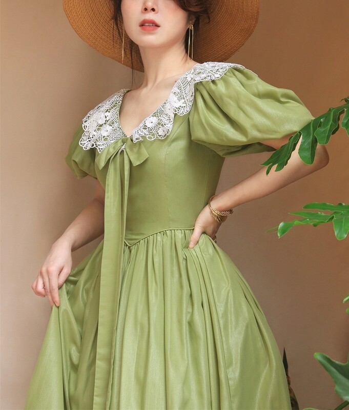 Green Puff Sleeve Elegant Evening Party Dress