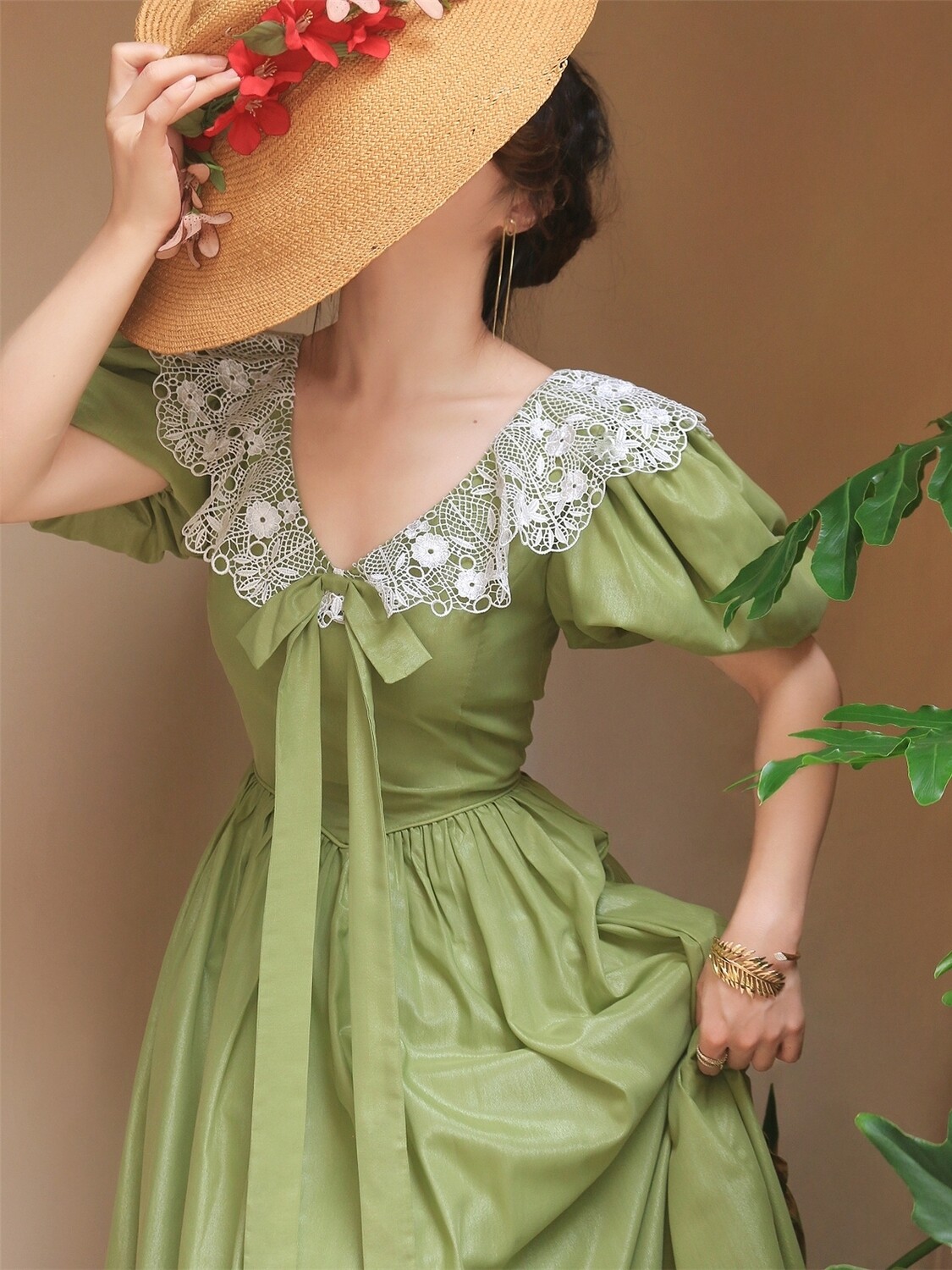 Green Puff Sleeve Elegant Evening Party Dress
