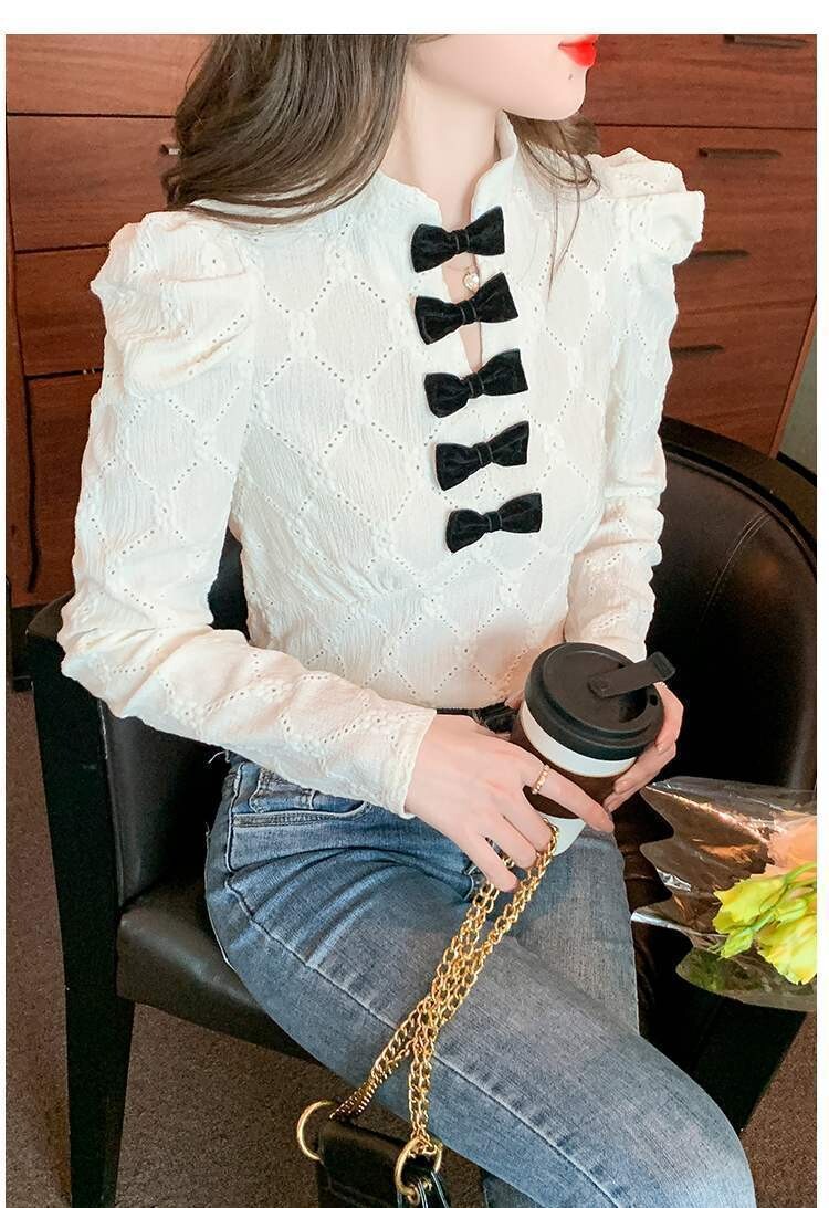 V-neck Bow Knot Puff SLeeve Blouse