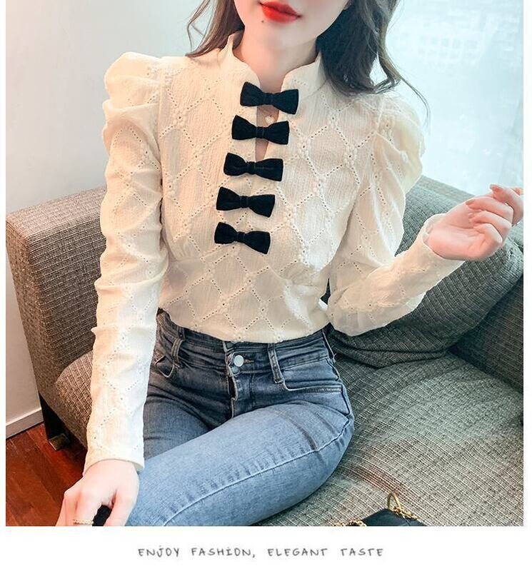 V-neck Bow Knot Puff SLeeve Blouse