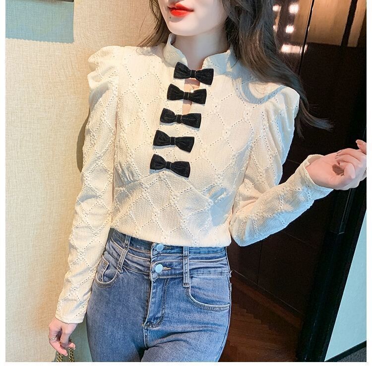 V-neck Bow Knot Puff SLeeve Blouse