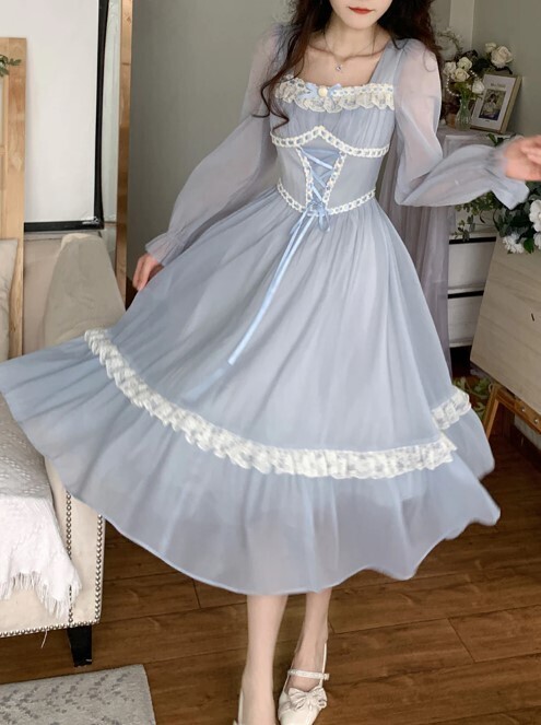 Blue French Vintage Elegant Lace up Dress