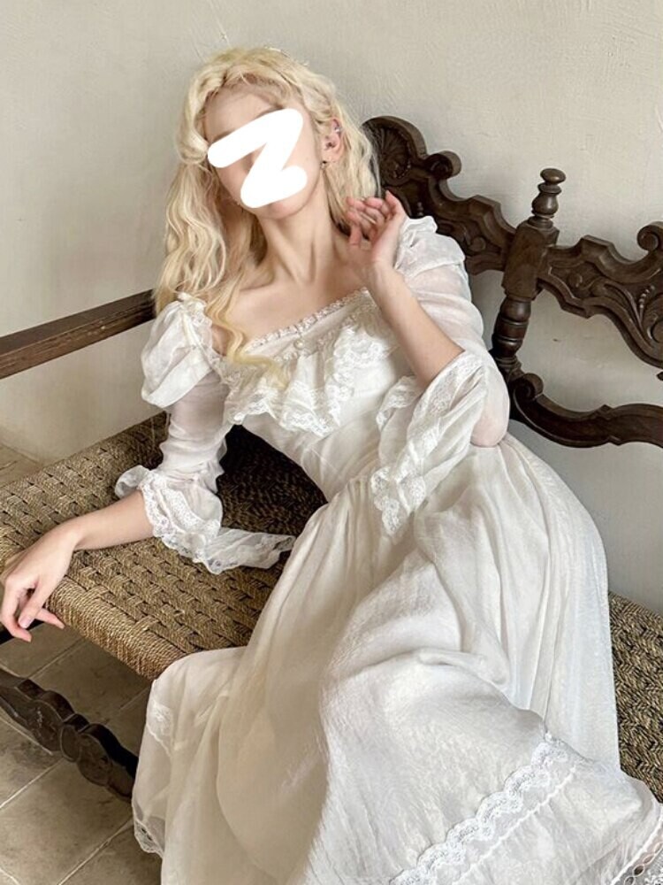 French Style Vintage White Elegant Lace Midi Dress