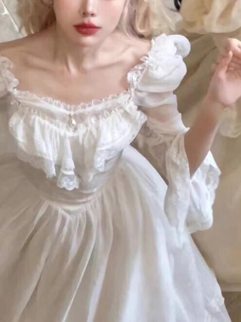 French Style Vintage White Elegant Lace Midi Dress