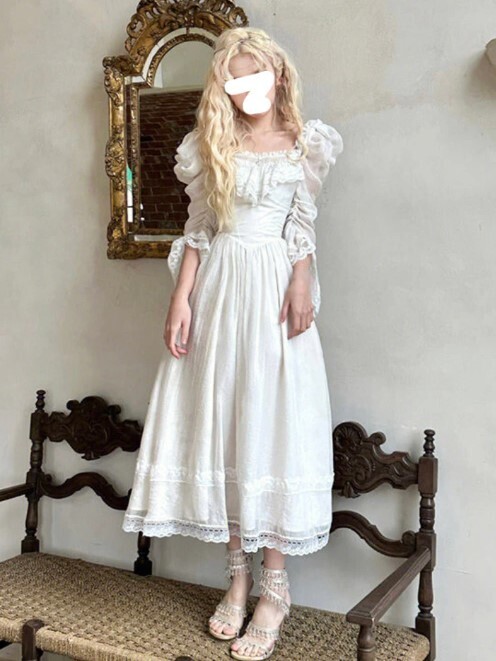French Style Vintage White Elegant Lace Midi Dress