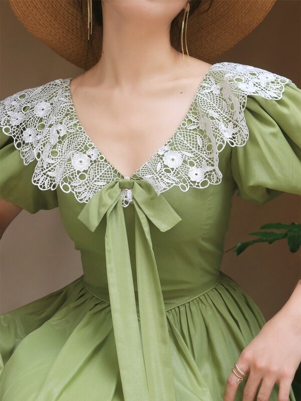 Green Puff Sleeve Elegant Evening Party Dress