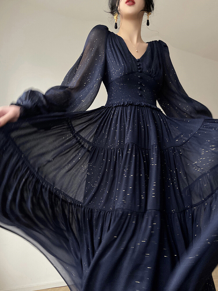 Lantern Sleeve V Neck Vintage Dress