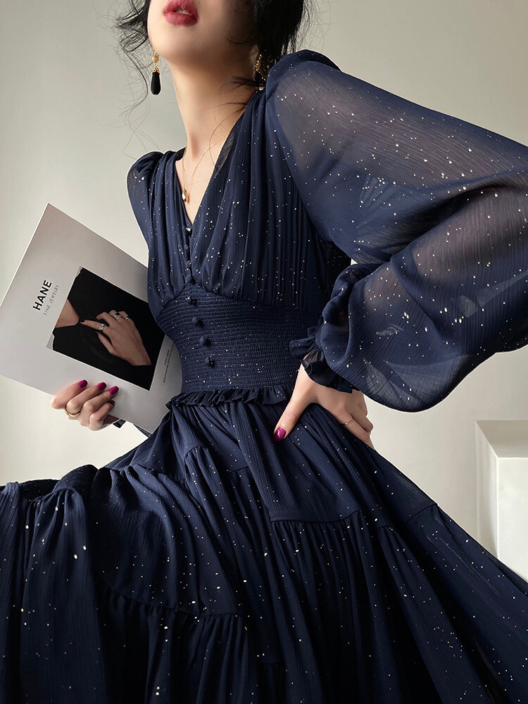 Lantern Sleeve V Neck Vintage Dress