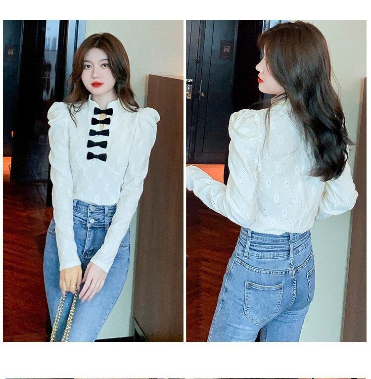 V-neck Bow Knot Puff SLeeve Blouse