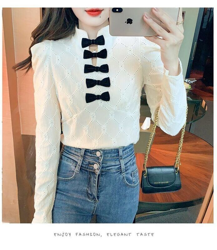 V-neck Bow Knot Puff SLeeve Blouse