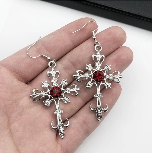 Gothic Punk Silver Cross Earrings